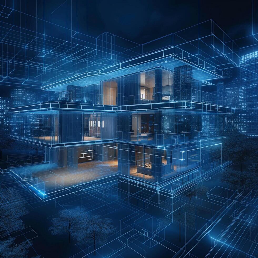 AI generated Modern living vision Futuristic apartment blueprint against glowing city backdrop For Social Media Post Size photo