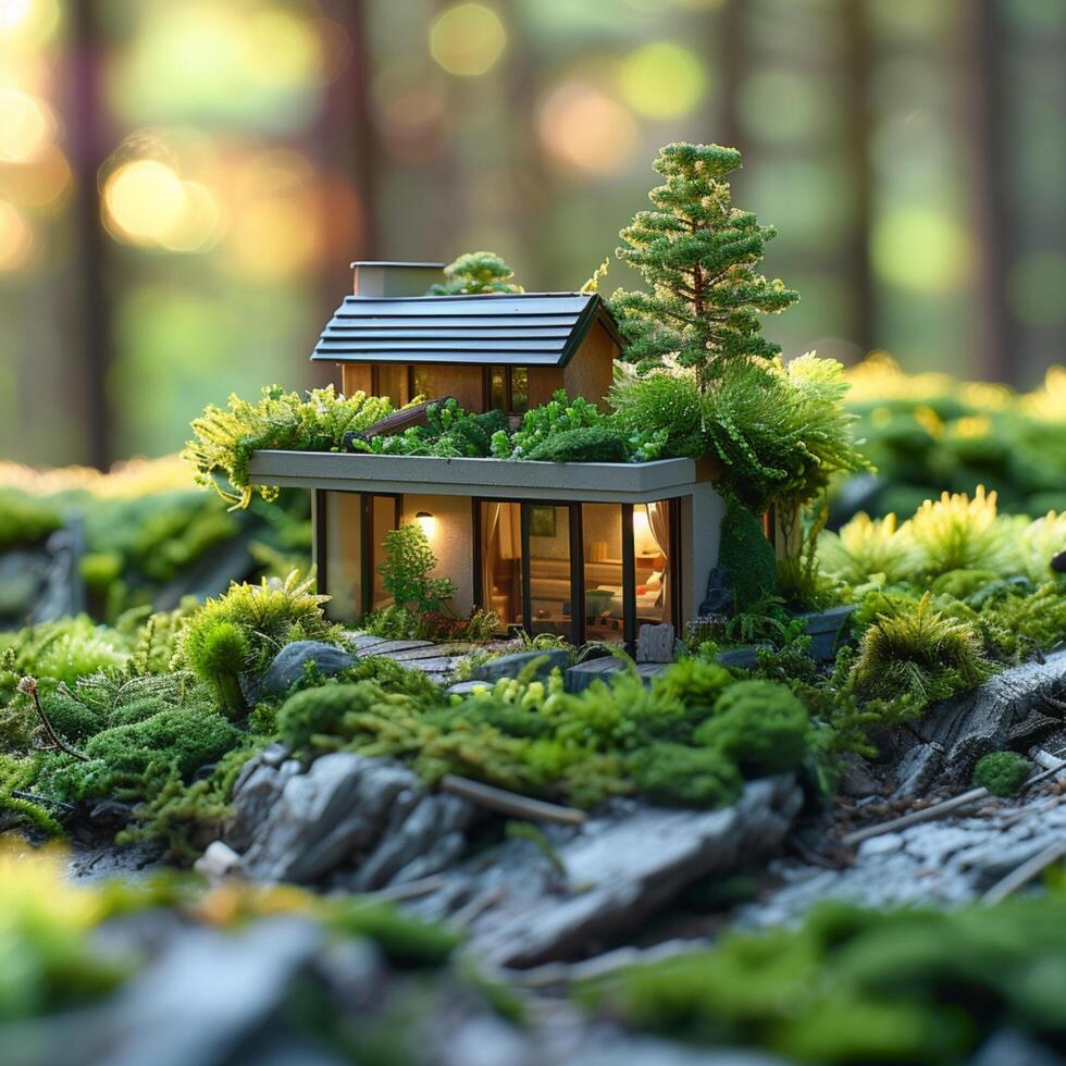 AI generated Green architecture Miniature house symbolizes eco friendly living amidst nature For Social Media Post Size photo