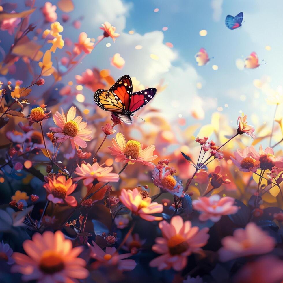 AI generated Floral paradise Vibrant flowers and butterfly adorn serene spring landscape For Social Media Post Size photo