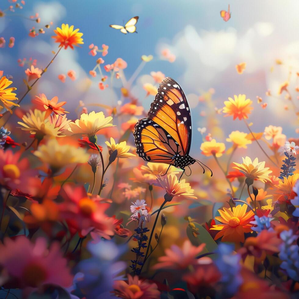 AI generated Natures canvas Colorful flowers and butterfly create a picturesque scene For Social Media Post Size photo