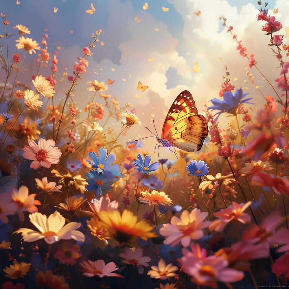 AI generated Natures canvas Colorful flowers and butterfly create a picturesque scene For Social Media Post Size photo