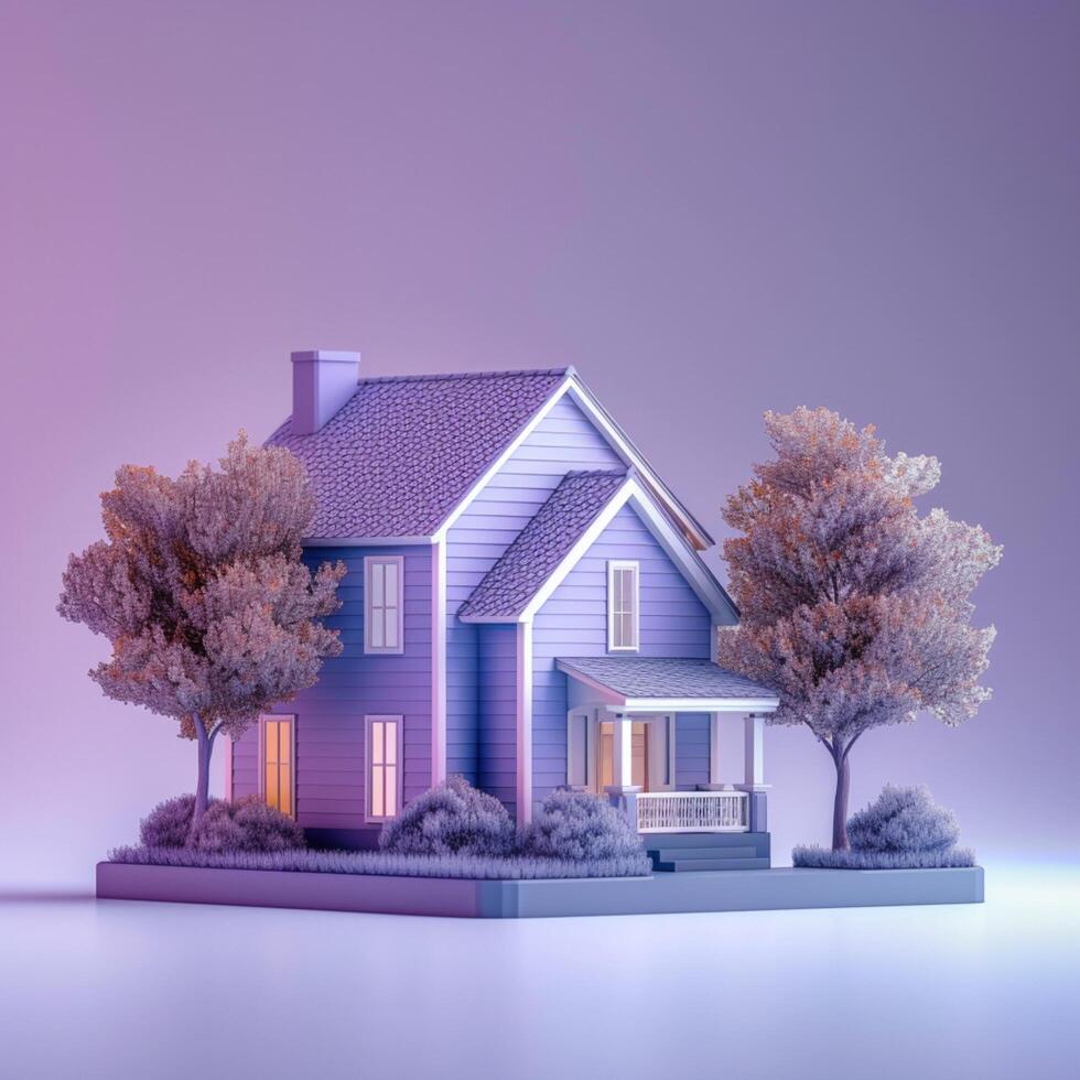 AI generated Artistic real estate concept House model crafted from paper on purple background For Social Media Post Size photo