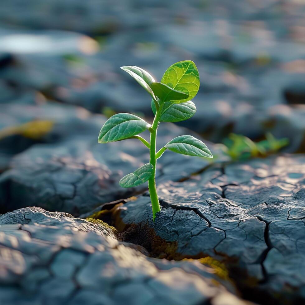 AI generated Lifes perseverance Green plant emerges through cracks in rocky terrain For Social Media Post Size photo