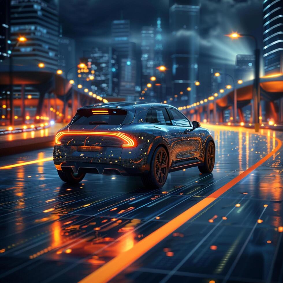 AI generated Photo Urban sustainability Electric car on futuristic photovoltaic road at night For Social Media Post Size