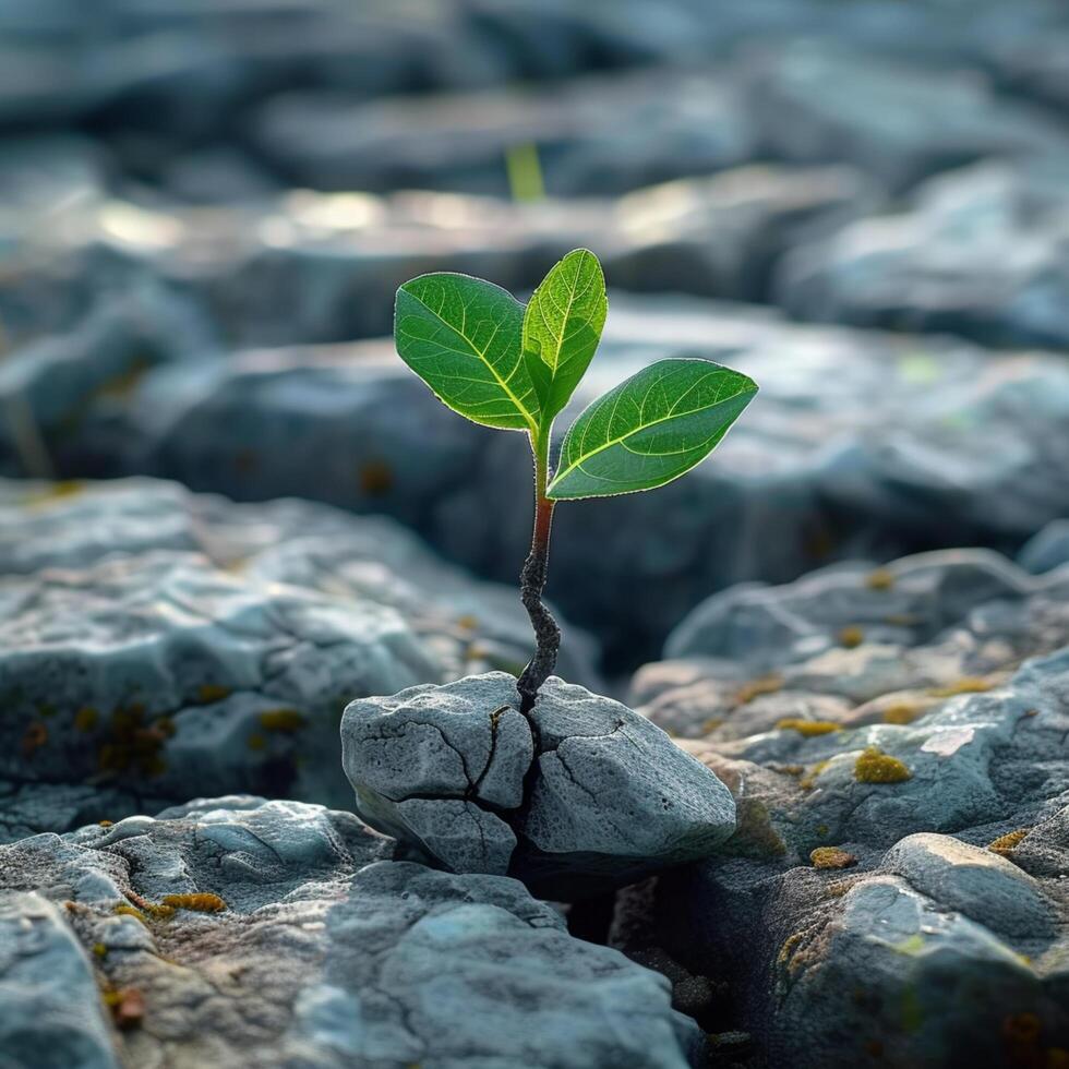 AI generated Natures resilience Green plant breaks through stones, symbolizing growth For Social Media Post Size photo