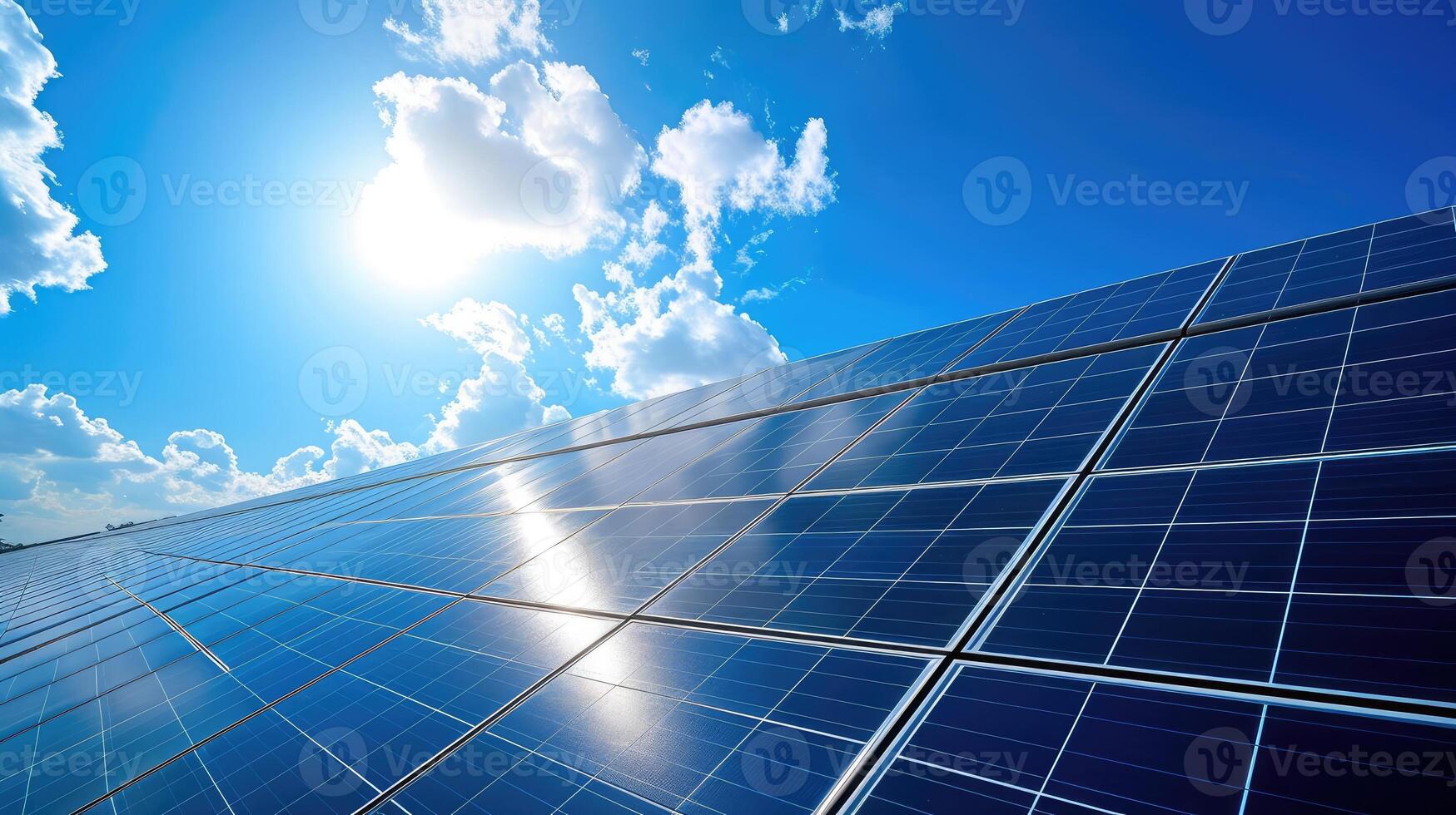 AI generated Solar cell panels with a sky background. Alternative electricity source photo