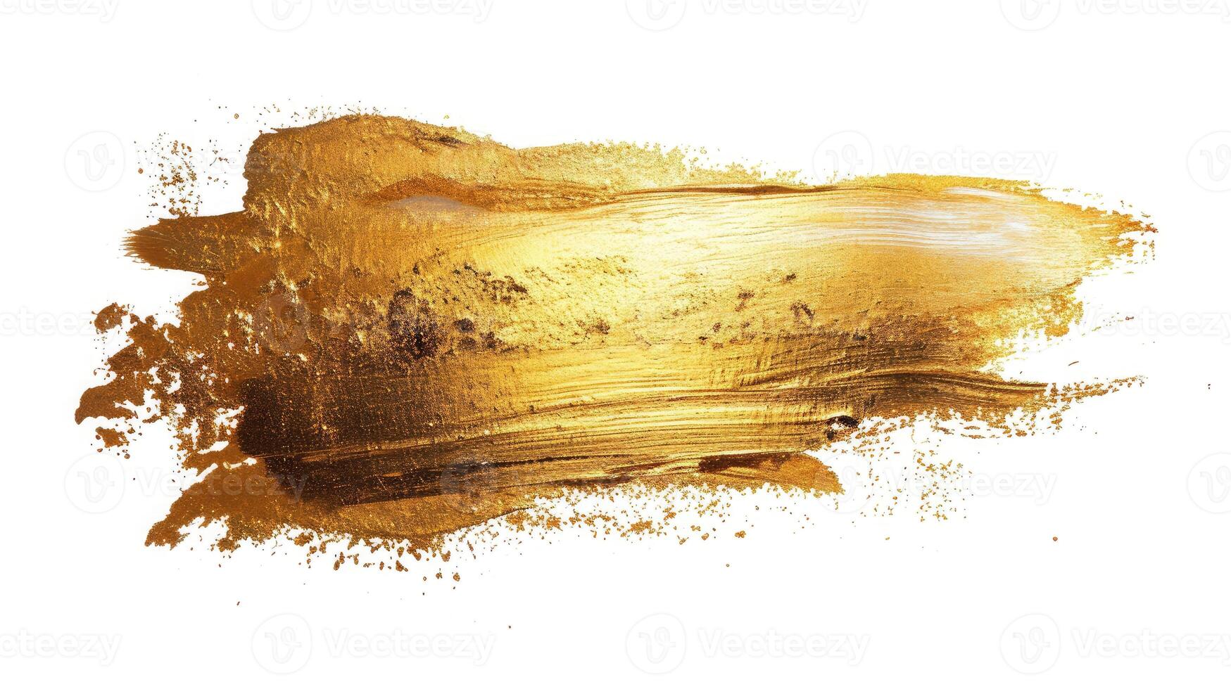 AI generated Gold bronze glitter brushstroke painting smear blot foil pieces. Abstract glow shine stain on white background. photo