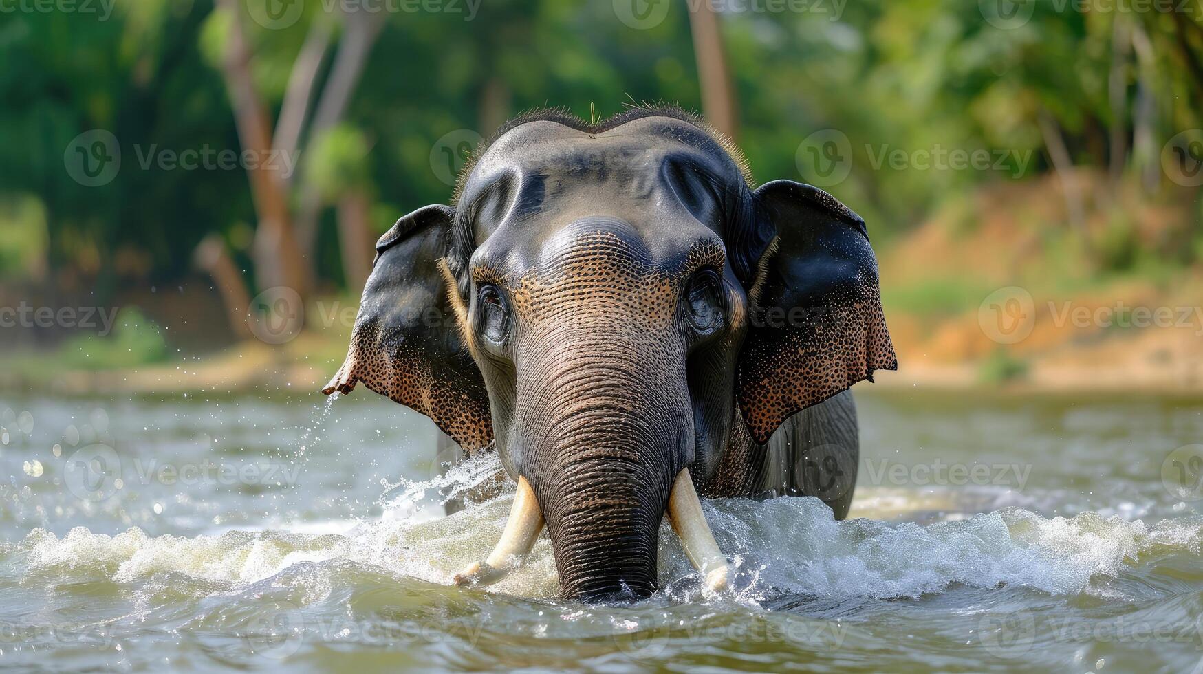 AI generated male Asian elephant is enjoying bathing. photo