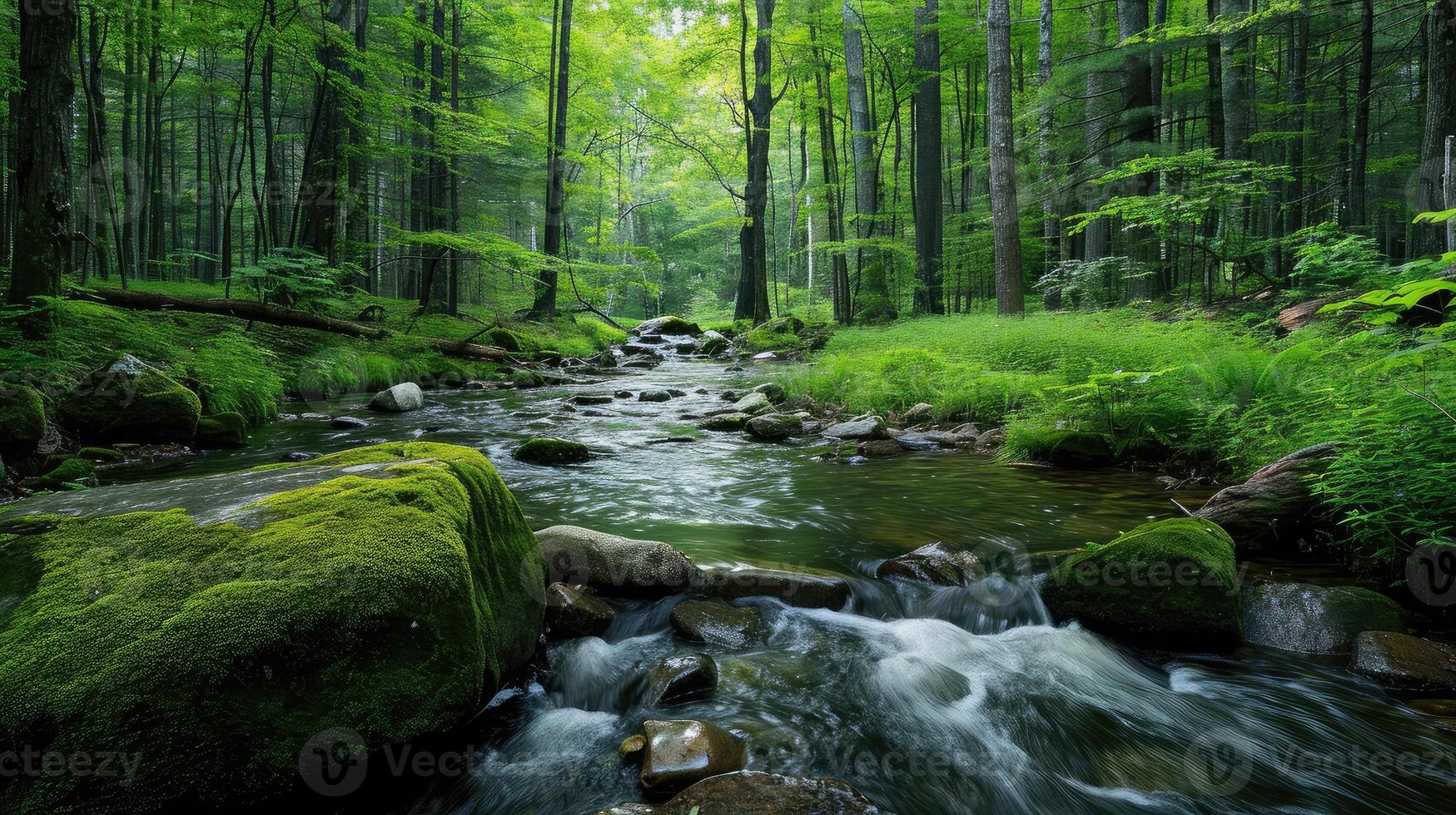 ai generado tranquilo bosque y corriente paisaje con cubierto de musgo rocas foto