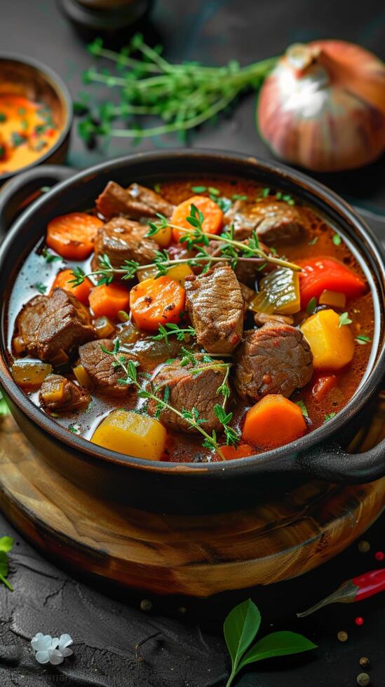 AI generated Hearty comfort food Beef meat and vegetables stew in bowl Vertical Mobile Wallpaper photo