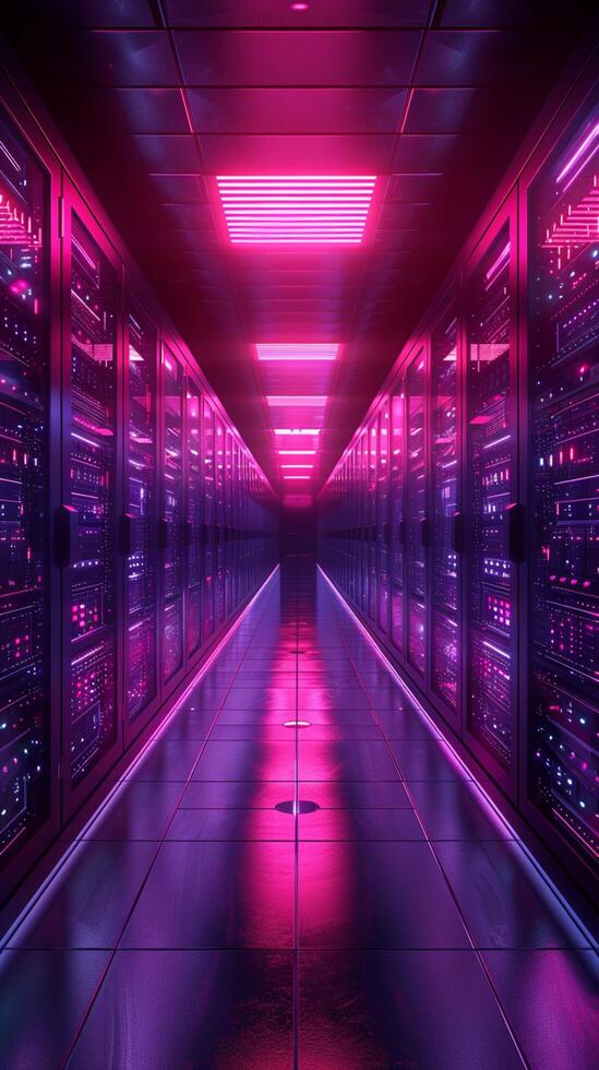 AI generated Cutting edge telecommunications hub Modern data center with neon lighting Vertical Mobile Wallpaper photo