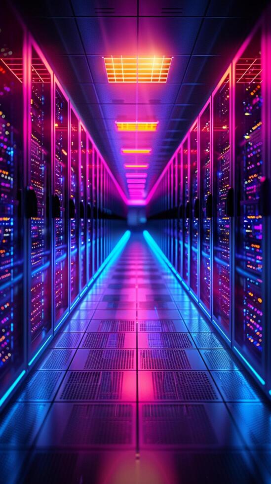 AI generated Futuristic data hub Neon lit server room for modern ...