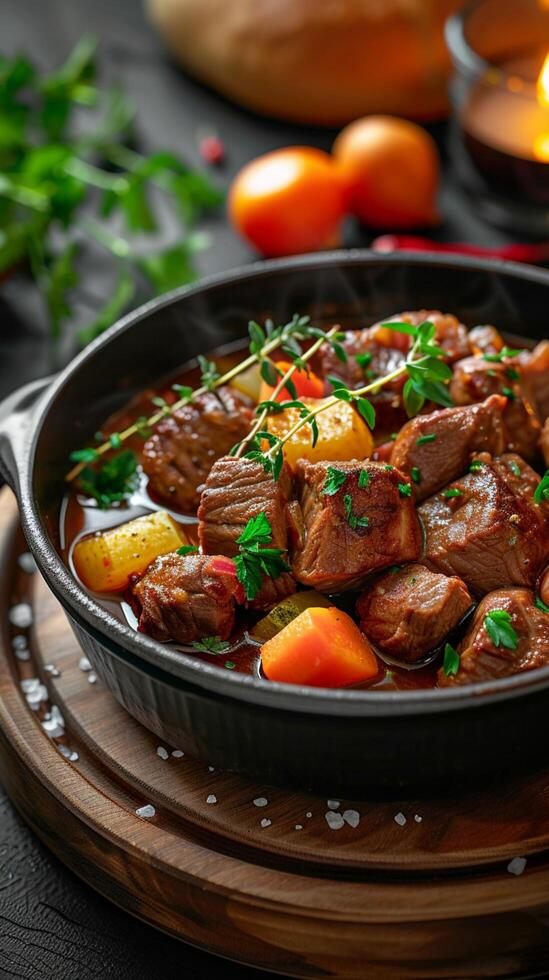 AI generated Warm and wholesome Delicious beef and vegetable stew simmering Vertical Mobile Wallpaper photo