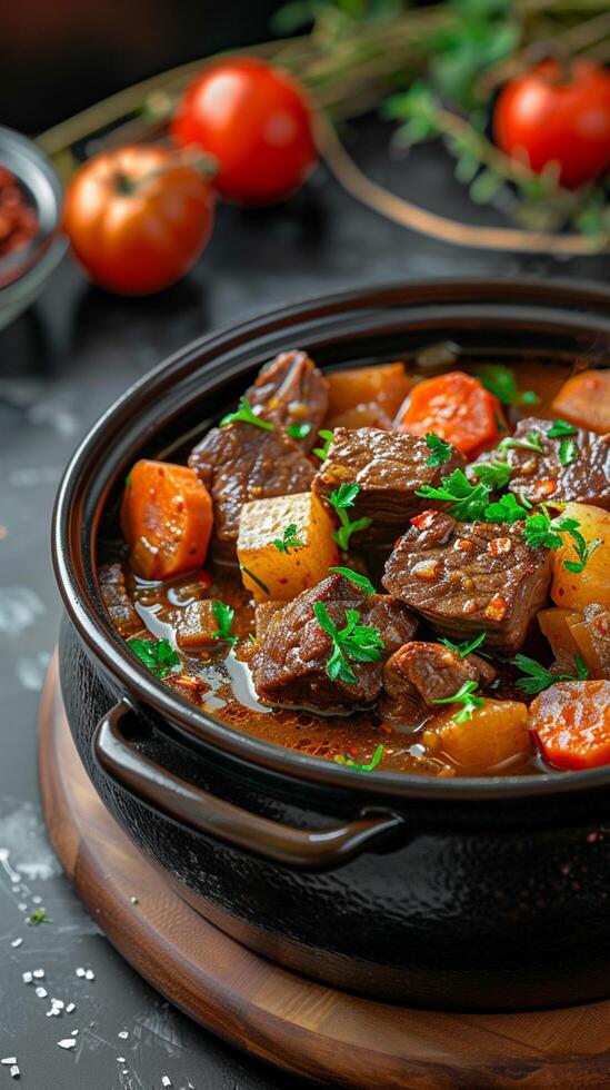 AI generated Satisfying meal Ceramic bowl filled with savory beef stew Vertical Mobile Wallpaper photo