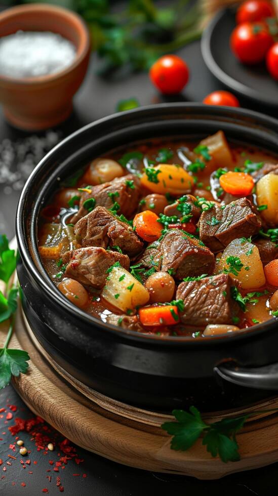 AI generated Warm and wholesome Delicious beef and vegetable stew simmering Vertical Mobile Wallpaper photo