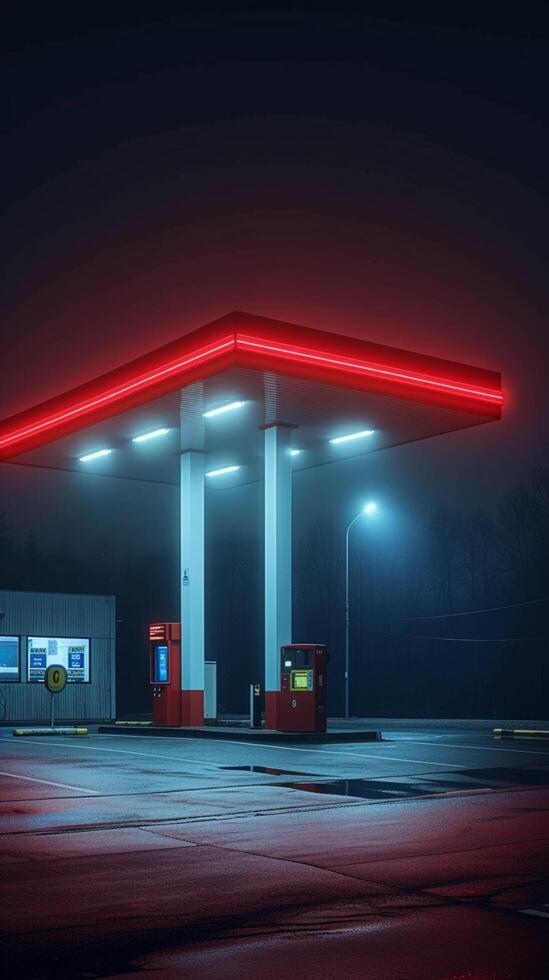AI generated Nighttime industrial scene Gas and oil station emerges from fog Vertical Mobile Wallpaper photo