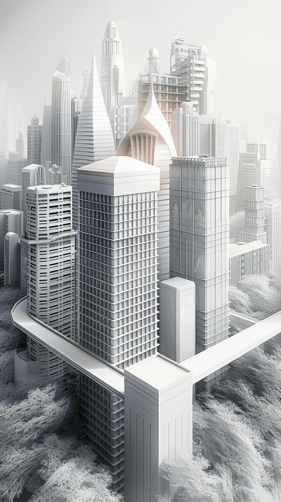 ai generado minimalista paisaje urbano 3d representación vitrinas moderno arquitectura en escala de grises vertical móvil fondo de pantalla foto