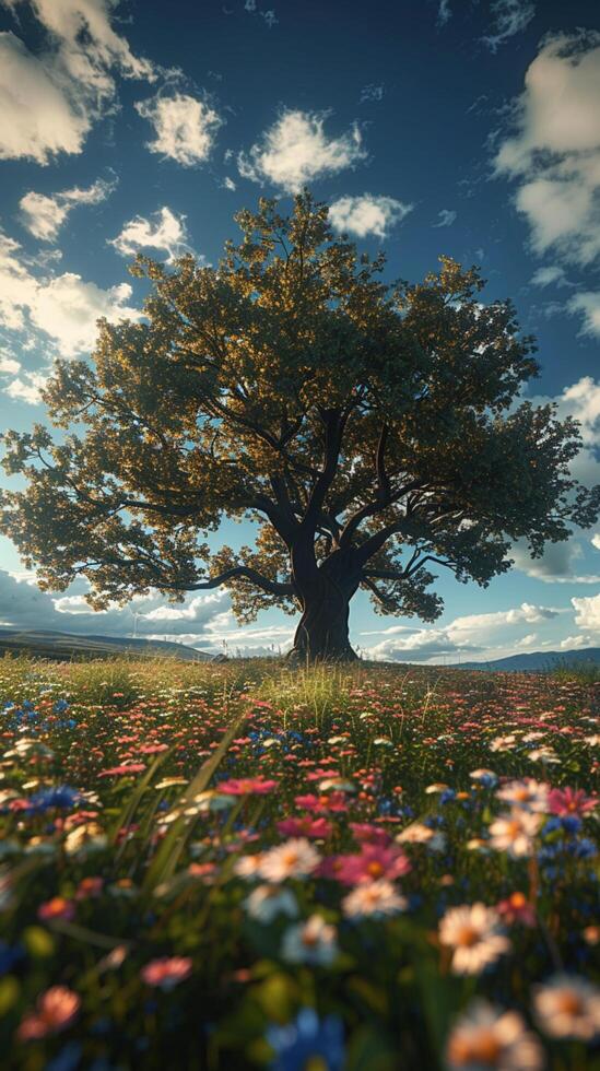 AI generated Natures grandeur Huge tree amidst sprawling flower field under summer sky Vertical Mobile Wallpaper photo