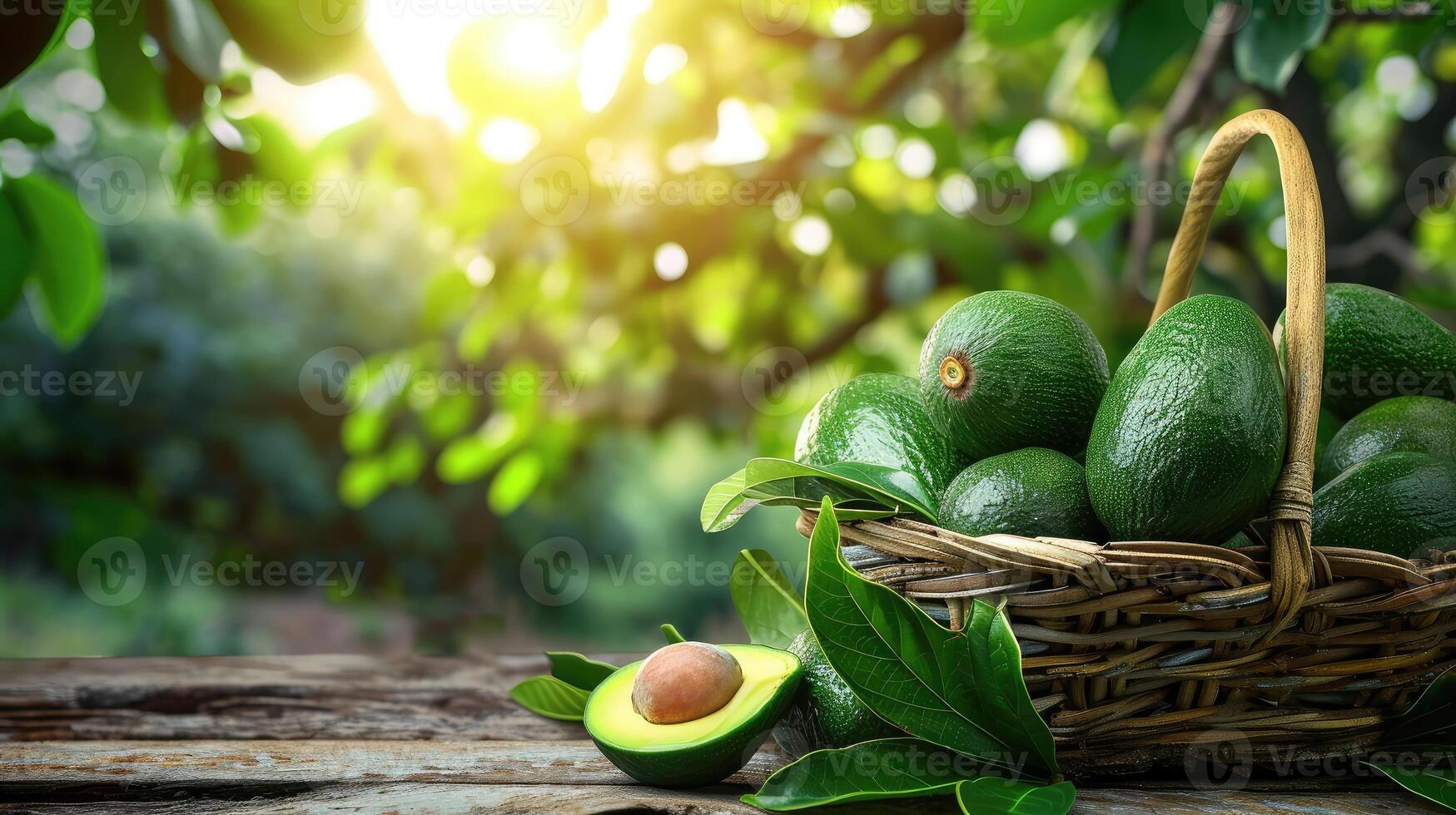 AI generated avocado in basket with leaves on wooden table and avocado tree farm with sunlight background. photo