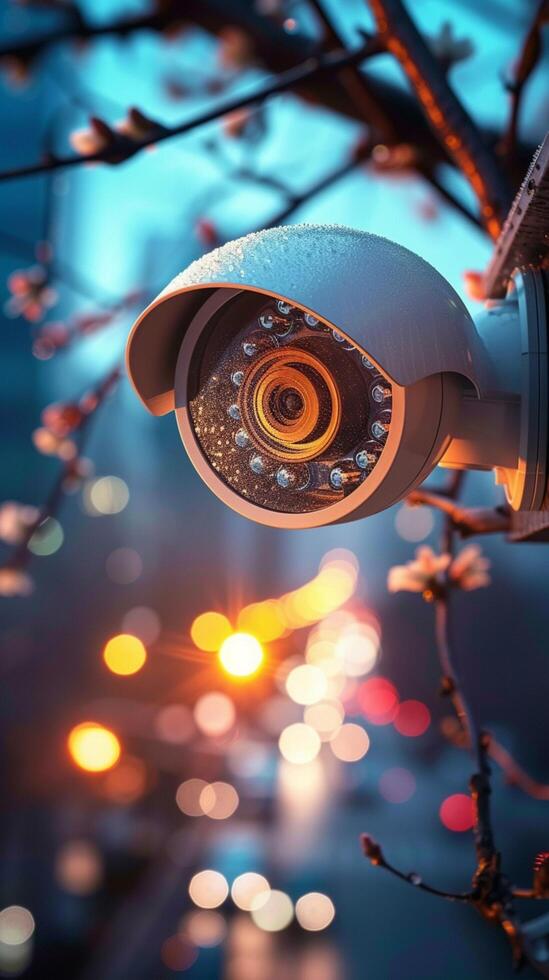 AI generated Safety surveillance CCTV camera watches over with soft bokeh lighting Vertical Mobile Wallpaper photo