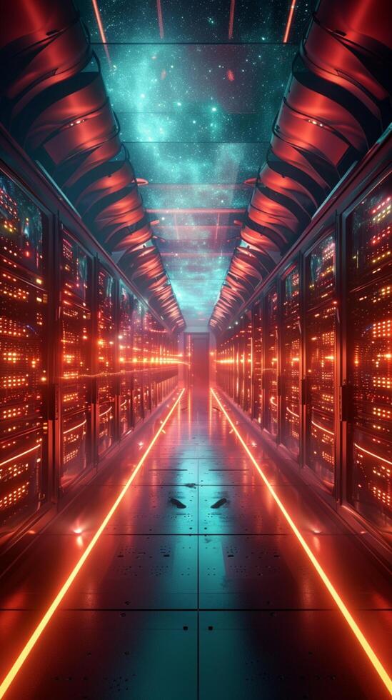 AI generated Photo Futuristic data hub Glowing lights illuminate advanced server infrastructure Vertical Mobile Wallpaper