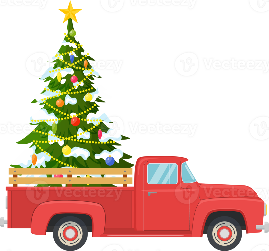 retro red pickup truck with christmas tree png