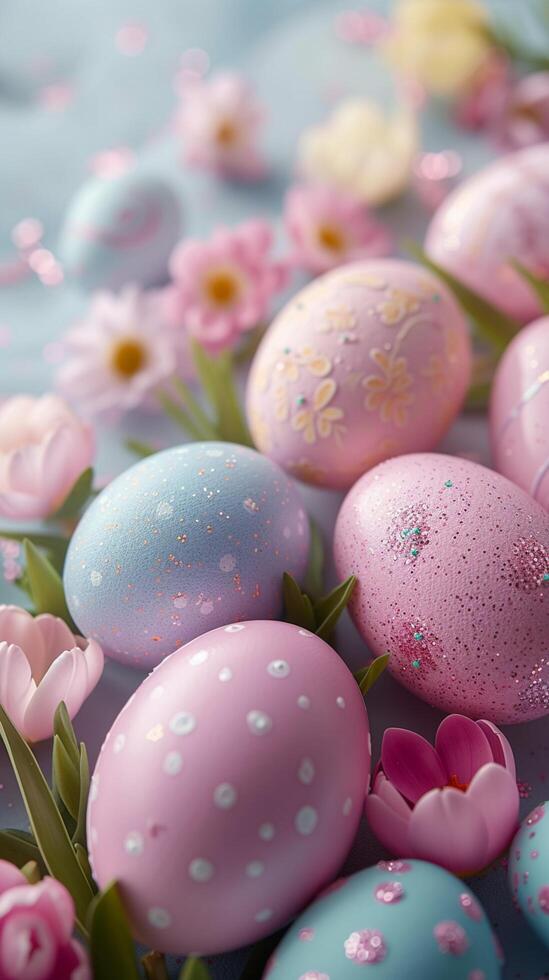 AI generated Festive Easter tradition Colorful eggs and pastel colors spread cheer Vertical Mobile Wallpaper photo