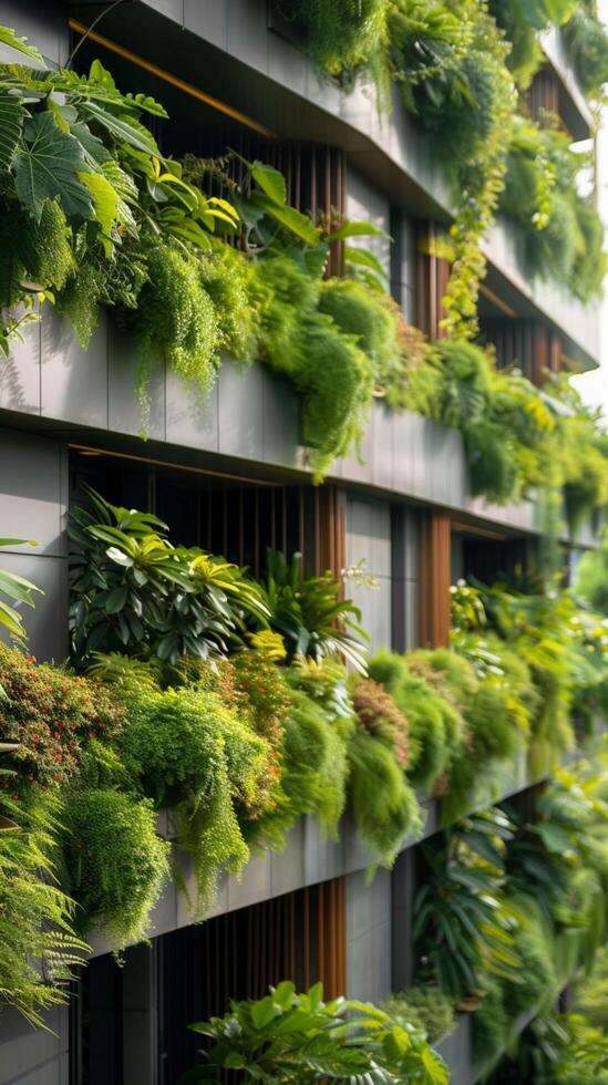 ai generado naturalezas toque en el ciudad hermosa verde plantas florecer céntrico vertical móvil fondo de pantalla foto