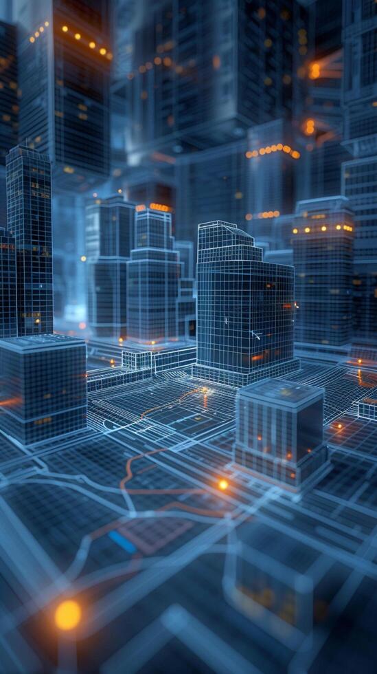 AI generated Future urban landscape Glowing city forms backdrop to modern apartment blueprint Vertical Mobile Wallpaper photo