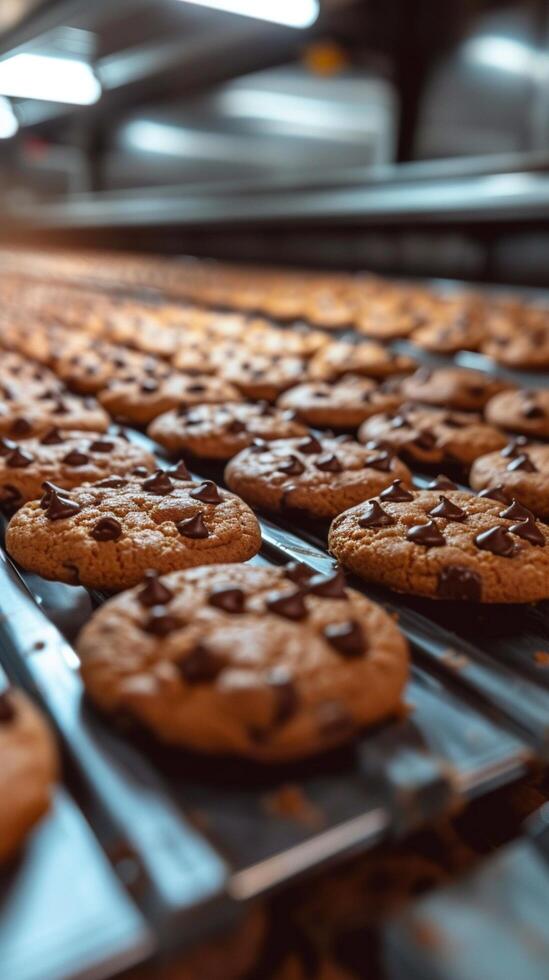 ai generado eficiente Galleta fabricación chocolate galletas procesada en industrial producción línea vertical móvil fondo de pantalla foto