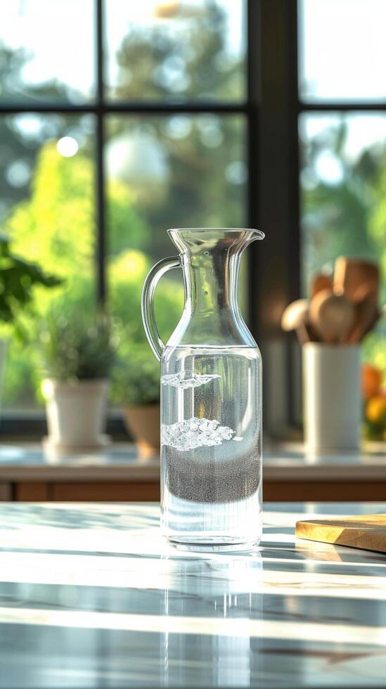 ai generado limpiar agua fuente vaso licorera proporciona puro Bebiendo agua en cocina vertical móvil fondo de pantalla foto