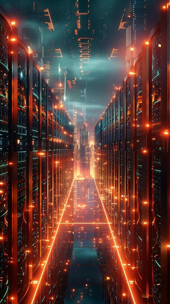 AI generated Photo Futuristic data hub Glowing lights illuminate advanced server infrastructure Vertical Mobile Wallpaper