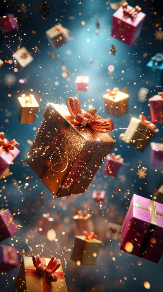 AI generated Magical Christmas surprise Flying gift boxes cascade in festive chaos Vertical Mobile Wallpaper photo