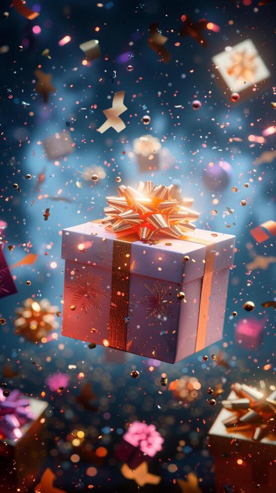 AI generated Magical Christmas surprise Flying gift boxes cascade in festive chaos Vertical Mobile Wallpaper photo