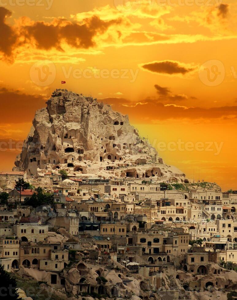 Cappadocia Uhisar Castle is a magnificent view at sunset. Nevsehir,Turkey. photo