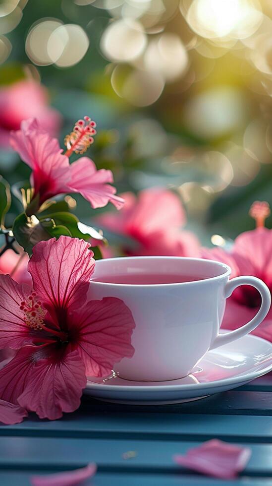 AI generated Soothing tea moment Cup of hot hibiscus tea with floral ambiance Vertical Mobile Wallpaper photo