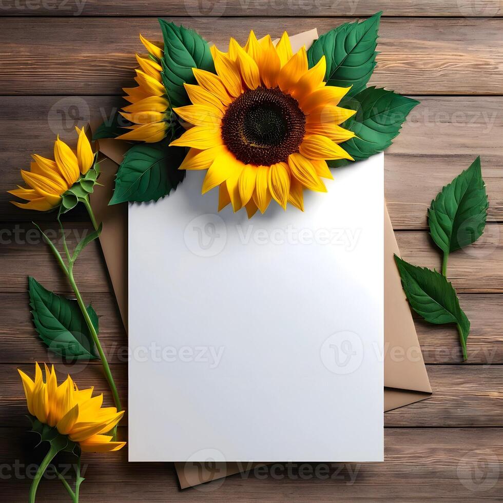 AI generated Empty greeting card mockup on wooden background with the decoration of sunflowers during spring photo