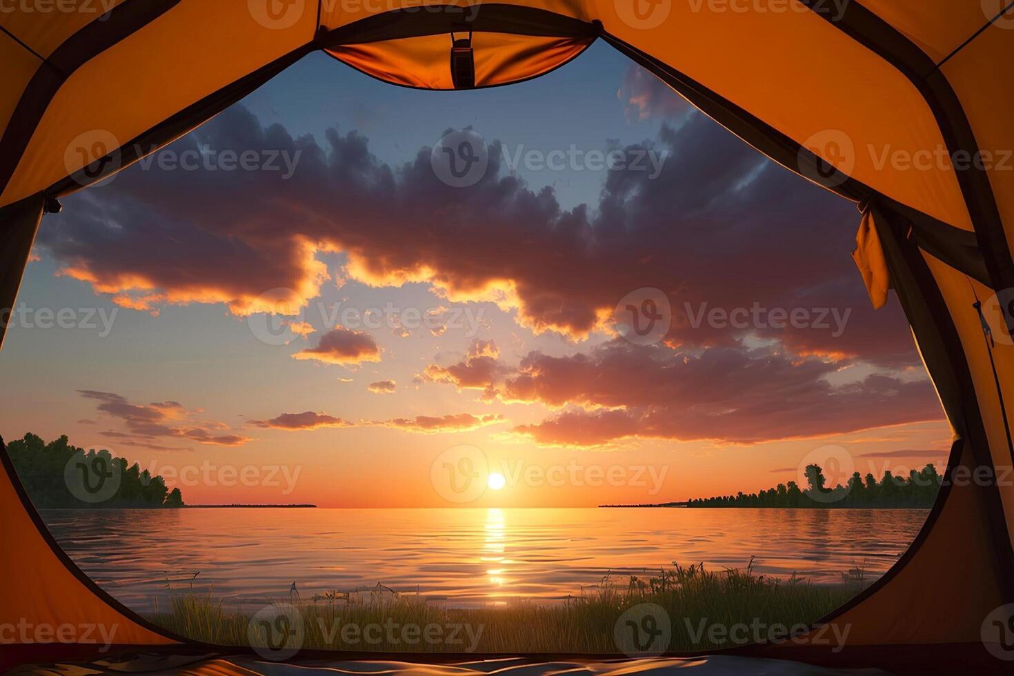 AI generated A beautiful summer landscape sunset view from camp photo