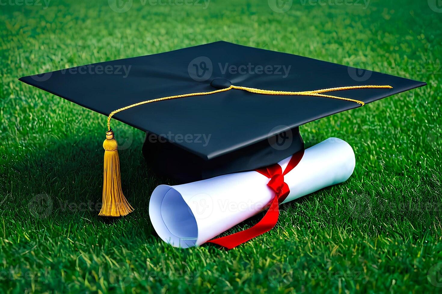 AI generated A graduation cap along with certificate is on grass land background photo