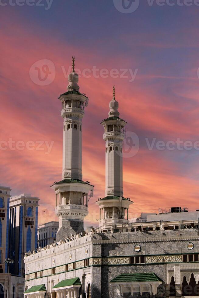 The minarets of the Meccan Kaaba. sunset filter photo