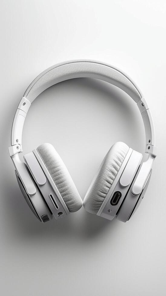 ai generado pulcro blanco auriculares arreglado pulcramente en limpiar blanco antecedentes vertical móvil fondo de pantalla foto