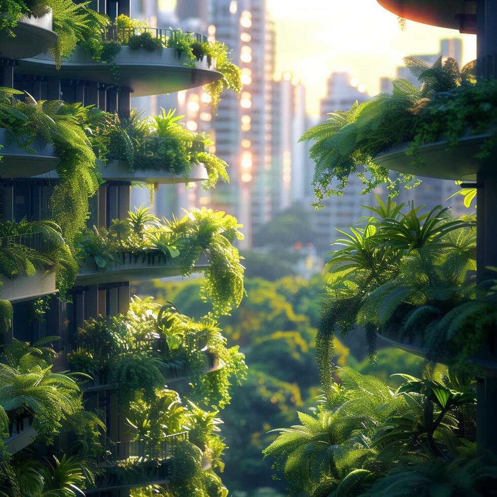 AI generated Refreshing cityscape Vibrant green plants bring life to urban environment For Social Media Post Size photo