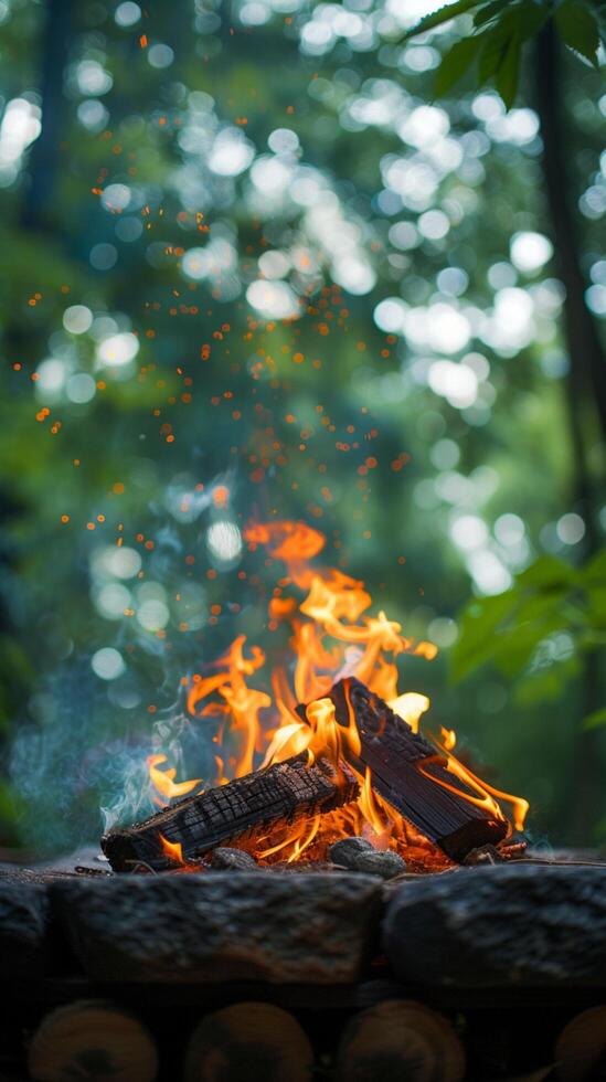 AI generated Green wilderness setting Campfire crackles amid lush foliage Vertical Mobile Wallpaper photo