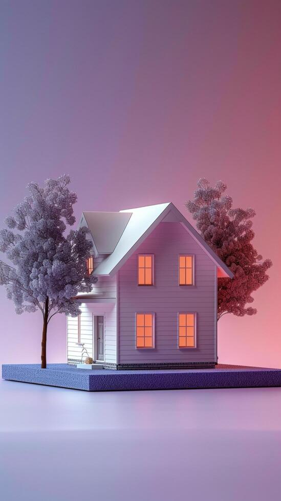 AI generated Artistic real estate concept House model crafted from paper on purple background Vertical Mobile Wallpaper photo