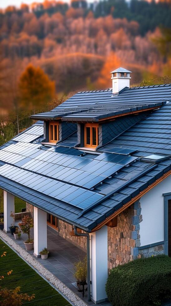 ai generado renovable techumbre casa coronado con bituminoso teja, promoviendo sostenible energía vertical móvil fondo de pantalla foto