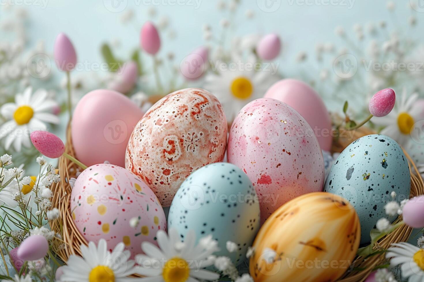 AI generated Springtime delight Easter eggs in pastel hues evoke joyful celebration photo