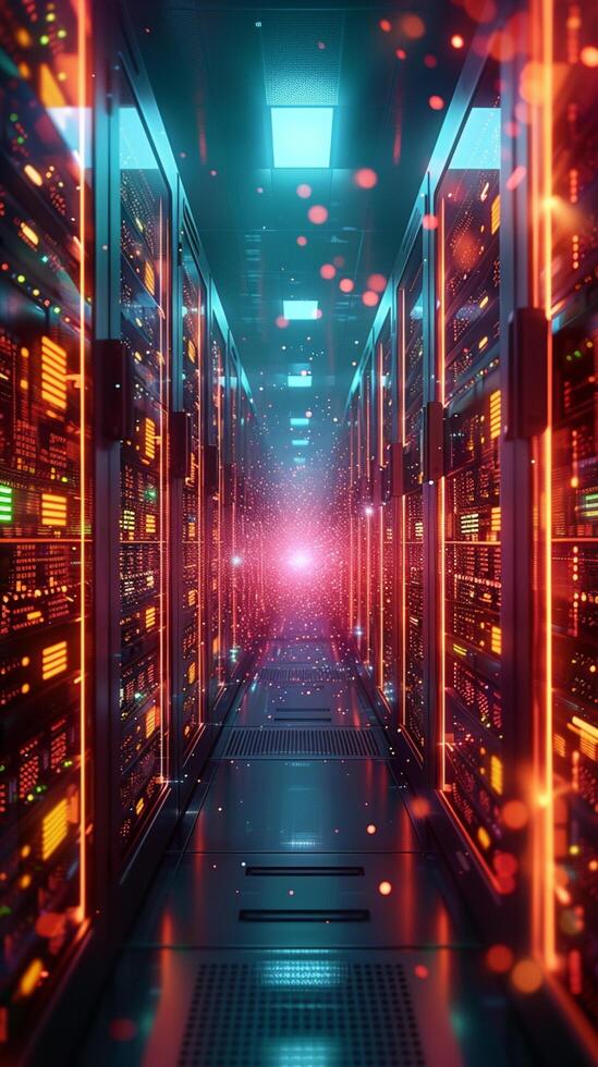 AI generated Tech driven infrastructure 3D rendered server room with vibrant data displays Vertical Mobile Wallpaper photo