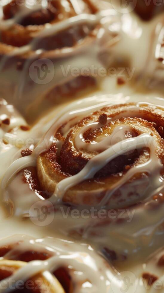 AI generated Generative AI, Freshly baked cinnamon bun with white cream icing, close up vertical photo