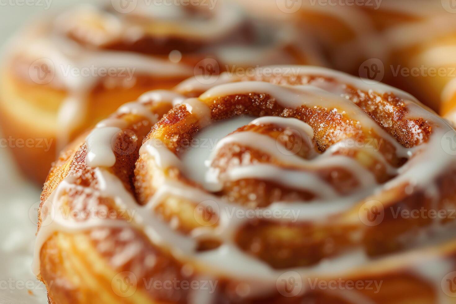 AI generated Generative AI, Freshly baked cinnamon bun with white cream icing, close up photo