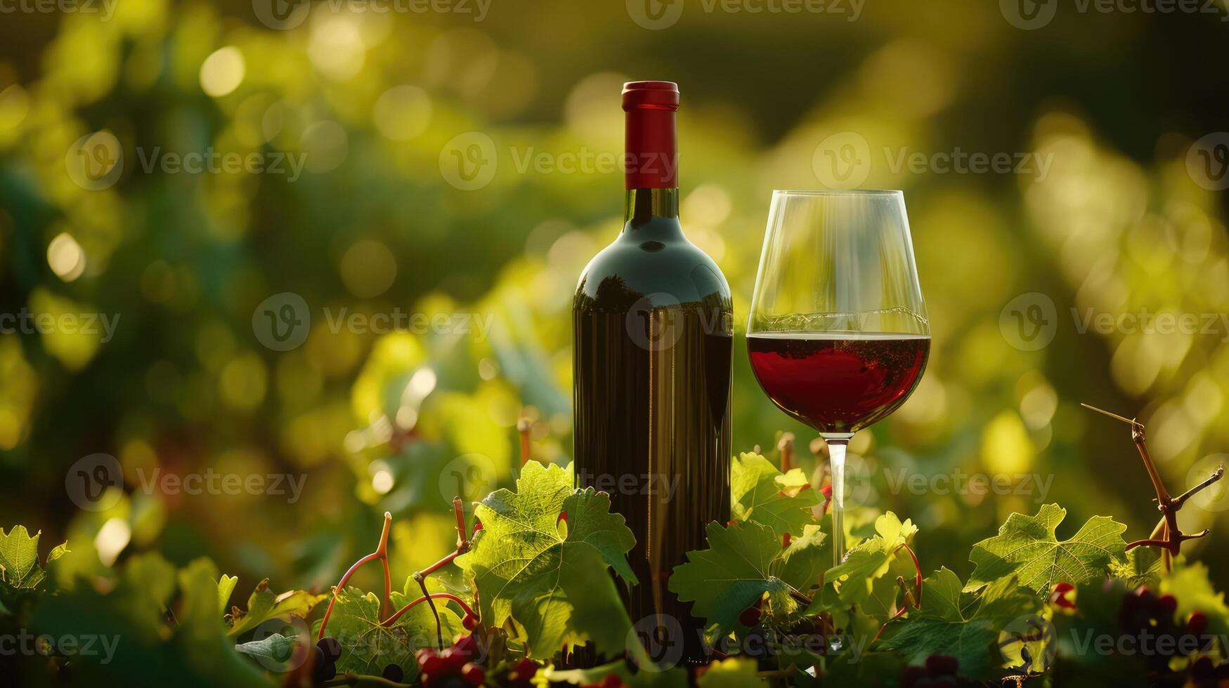 AI generated Generative AI, red wine bottle mock up with wine glass on vineyard landscape in the sunshine, copy space and place for logo photo